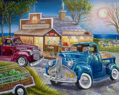 Classic Studebaker and 40s Chevy Pickup Truck, painting by J. VAK