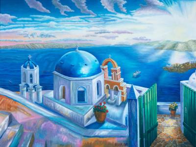 Santorini's Rays of Hope, painting by J. VAK