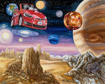 Tesla in Space, painting by J. VAK
