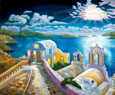 Santorini by Moonlight, painting by J. VAK