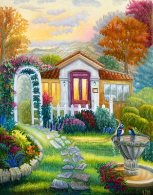 Two Birds on a Fountain, painting by J. VAK