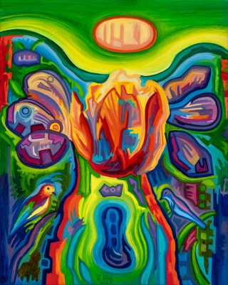 Two Birds & Flowers, painting by J. VAK