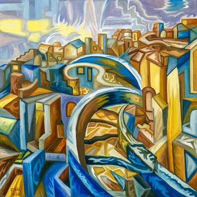Cubistic Santorini Stairway, painting by J. VAK