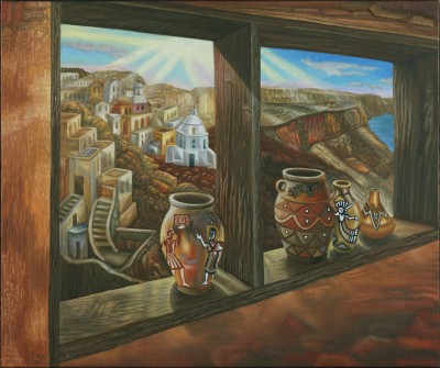 Greek Mountainside Village, painting by J. VAK