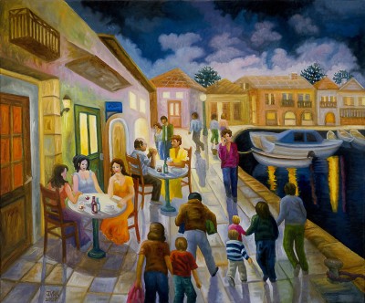 An Evening at Rethimno Harbor, painting by J. VAK