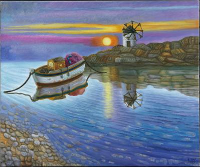 Sunset at Paros Island, painting by J. VAK