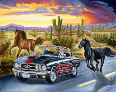 1965 Ford Mustang GT (with mustangs), painting by J. VAK
