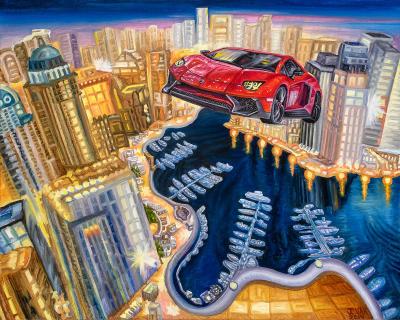 Flying Aventador 2016, painting by J. VAK